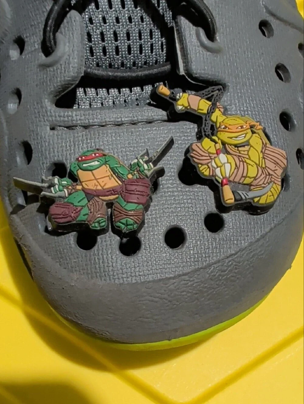 CROCS Kids Size 3 Gray & Lime Water Shoes with Ninja Turtle Charms